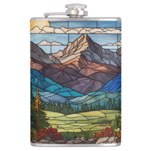 Flasques Scène de montagne boisée en verre teinté vintage