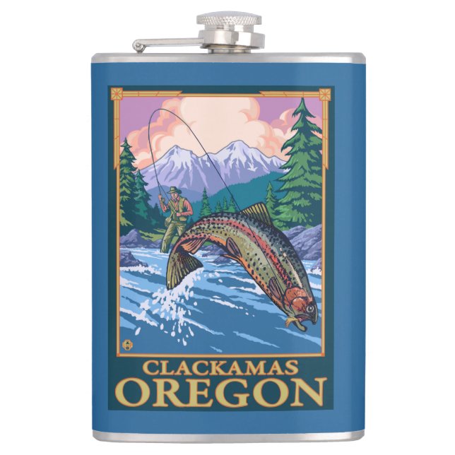 Flasques Scène de pêche de mouche - Clackamas, Orégon (Devant)
