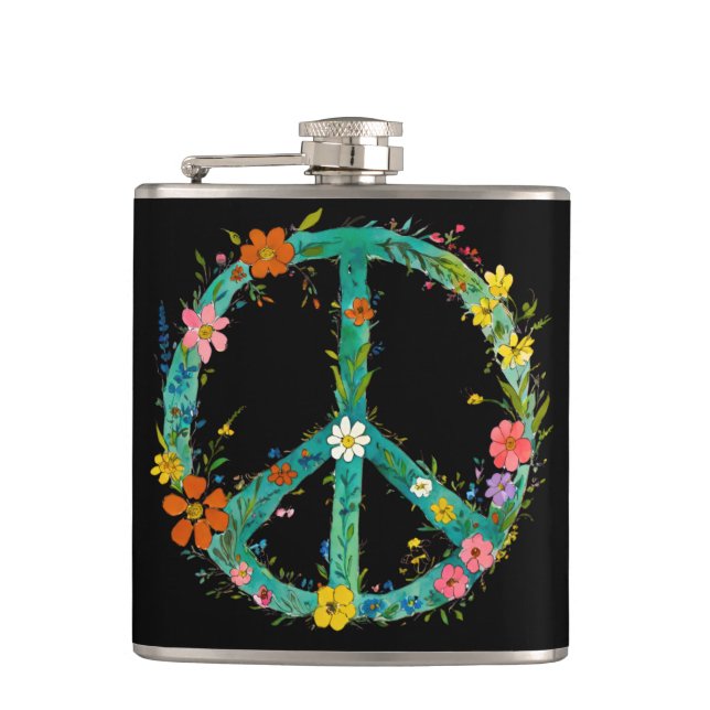 Flasques Signe de paix floral hippie sur fond noir (Devant)