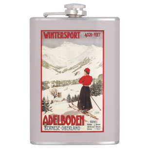 Flasques Skieur de femme donnant sur l'affiche d'Adelboden