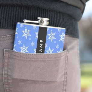 Flasques Snowflakes blanc, Bleu, Votre nom, Personnaliser