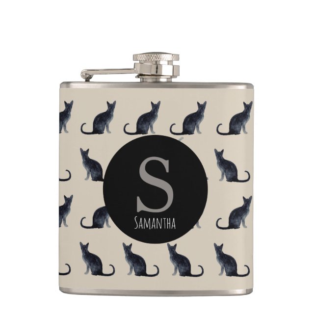 Flasques Taupe Aquarelle noir Chat Monogramme (Devant)