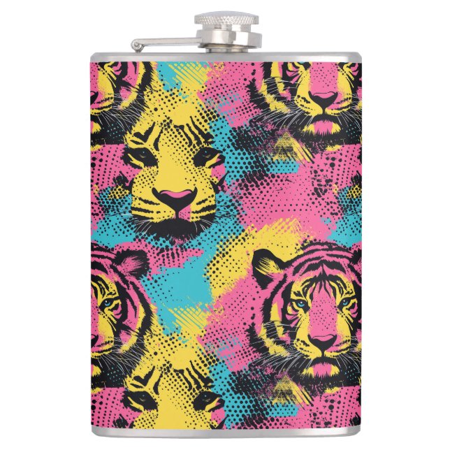 Flasques Tiger Pop Art Motif en rose, jaune et bleu (Devant)