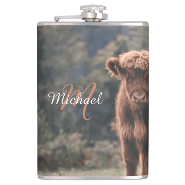Flasques Vache de Highland calvaire herbe d'automne monogra (Devant)
