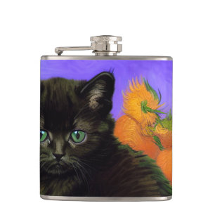 Flasques Van Gogh Kitten noir avec des tournesols