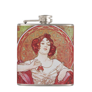 Flasques Vintage Élégante Fille Art Nouveau Mucha Ruby Lady