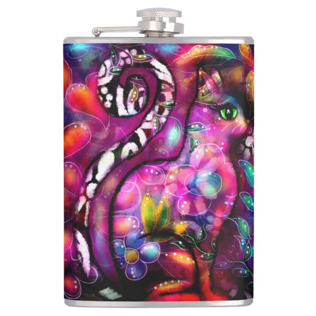 Flasques Whimsical Abstrait Kitty Chat Floral Rouge Vert ro (Devant)
