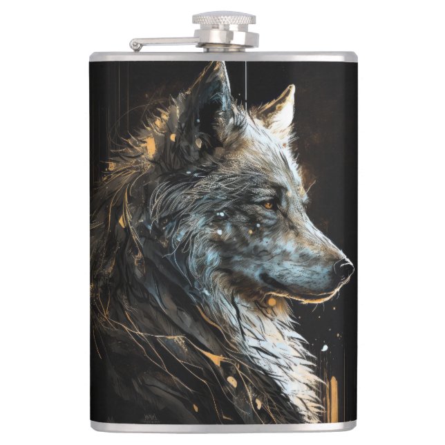 Flasques Wolf Portrait Animal Nature Faune Peinture Sombre (Devant)