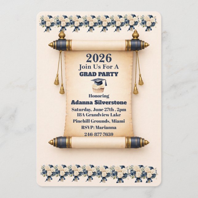 Flat Holiday Card- Editable Scroll Grad Invitation (Devant)