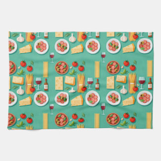 Flat lay pattern of Italian food including wine Geschirrtuch