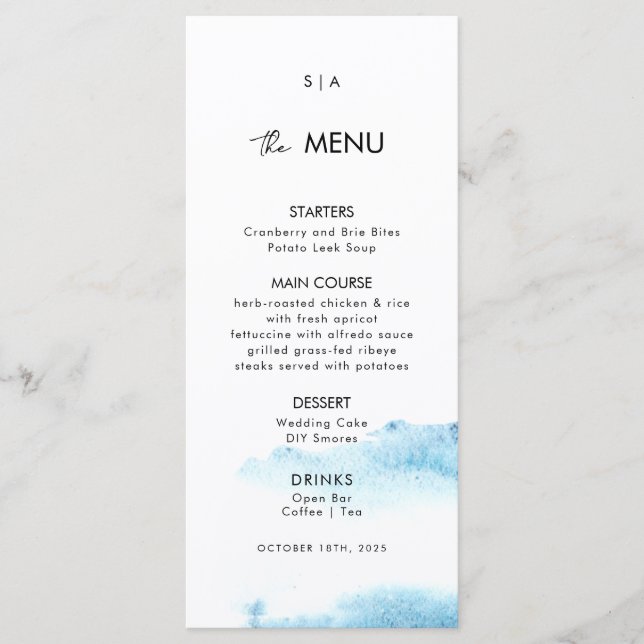 Flat Menu für eine moderne Hochzeit. Menükarte (Vorderseite)