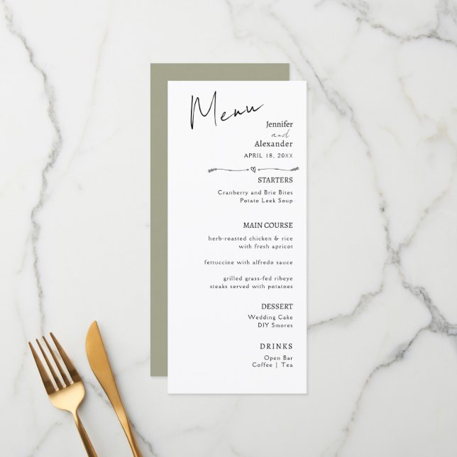 Flat Menu Hochzeit Minimalistisch modern. Menükarte (Vorderseite/Rückseite Beispiel)