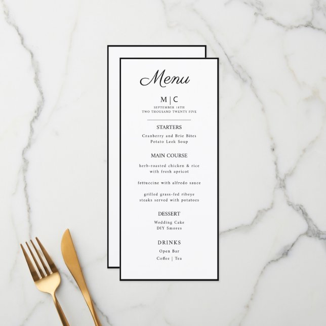 Flat Menu Hochzeit Minimalistisch modern. Menükarte (Vorderseite/Rückseite Beispiel)