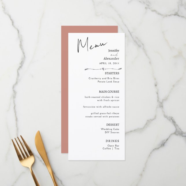 Flat Menu Hochzeit Minimalistisch modern. Menükarte (Vorderseite/Rückseite Beispiel)