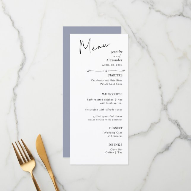 Flat Menu Hochzeit Minimalistisch modern. Menükarte (Vorderseite/Rückseite Beispiel)