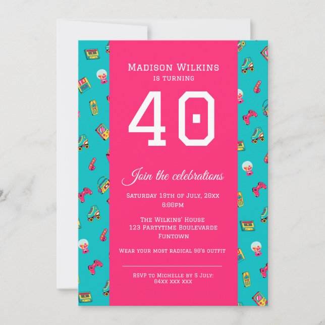 Flat Party Einladung - Hot Pink 90er Retro-Spaß (Vorderseite)