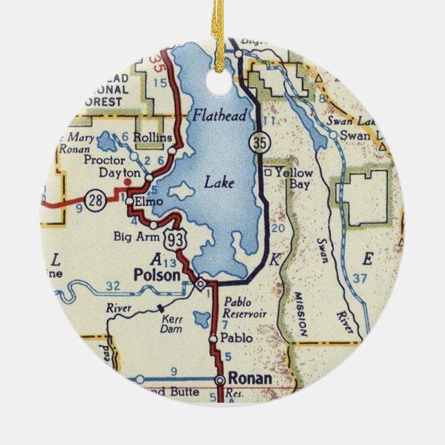 Flathead Lake MT Vintage Karte Keramik Ornament (Hinten)