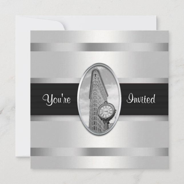 Flatiron Building White Silver BW Party Invitation (Devant)