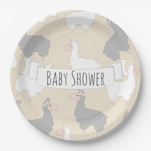 Flaumige graue u. weiße Lama-Babyparty Pappteller