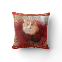 Flaumige Katze und rotes Band-Wurfs-Kissen