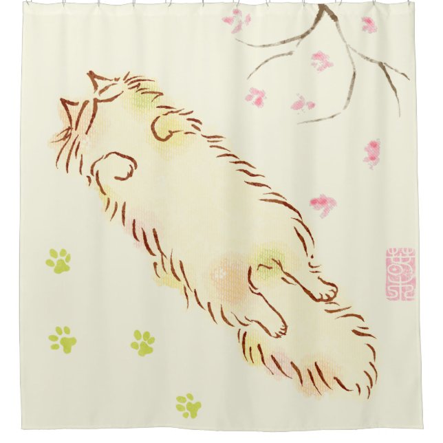 Flaumige schläfrige Katzen-Pflaumenblüte Duschvorhang (Vorderseite)