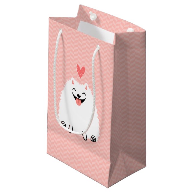 Flaumiger weißer Spitz mit Valentine-Herzen Kleine Geschenktüte (Vorderseite Schrägansicht)