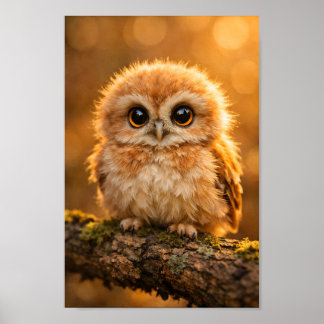 Flauschige Baby-Eule auf Ast Wald-Wildtiere-Nurser Poster