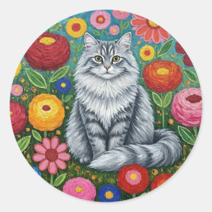 Flauschige graue gestreifte Katze mit volkstümlich Runder Aufkleber