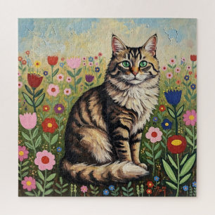 Flauschige Graue Tabby-Katze und Volkskunstblumen