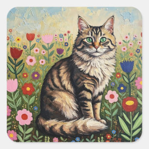 Flauschige Graue Tabby-Katze und Volkskunstblumen Quadratischer Aufkleber