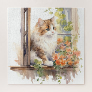 Flauschige Katzenfarmhaus-Fenster-Orangen-Blumenma
