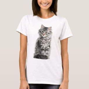 Flauschige Langhaargraue Tabby-Katzenporträt Fraue T-Shirt