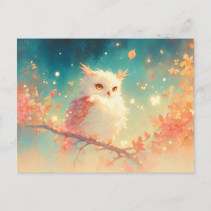 Flauschige Weiße Eule im Herbstsonnenuntergangswal Postkarte