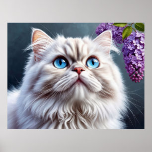 Flauschige weiße Katze mit blauen Augen Poster