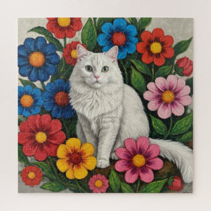 Flauschige weiße Katze und volkstümliche Blumen