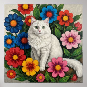 Flauschige weiße Katze und volkstümliche Blumen Poster