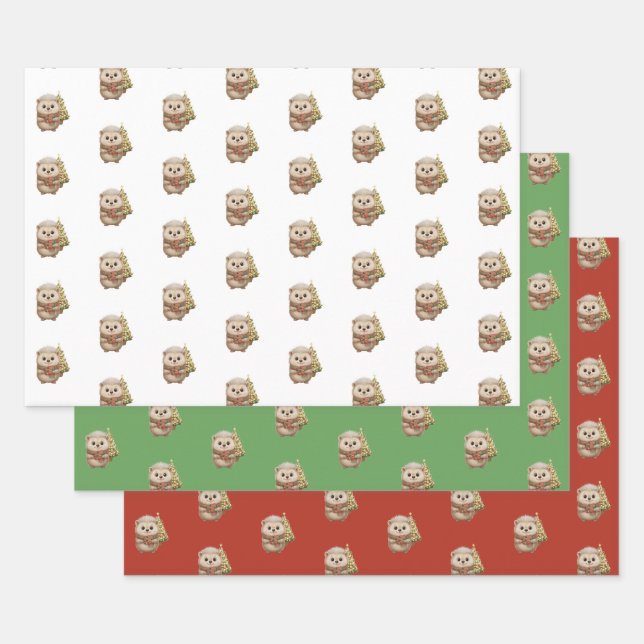 Flauschiger Igel Winterfarben Grün Rot Weiß Geschenkpapier Set (Set)