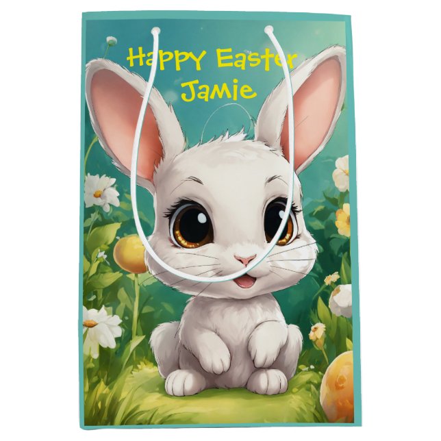 🌷 flauschiger weißer Hase mit Frühlingsblumen 🐰 Mittlere Geschenktüte (Vorderseite)