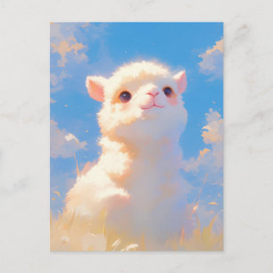 Flauschiges Baby-Weißes Alpaka im sonnigen blauen  Postkarte