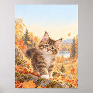 Flauschiges Kätzchen im bunten Herbstlaub – Poster