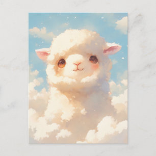Flauschiges weißes Baby-Alpaka schaut durch die Wo Postkarte