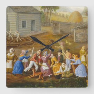Flax Scutching Bee, 1885 (oil on bed ticking) Quadratische Wanduhr