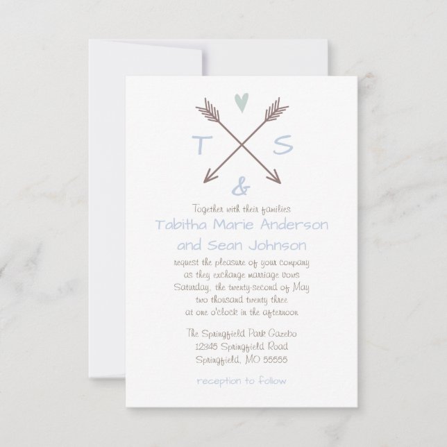 Flèches Coeur Bleu - Invitation de mariage 3x5 (Devant)