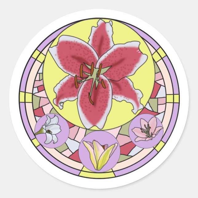 Fleckglas aus hellrosa und gelber Lilie-Blume Runder Aufkleber (Vorderseite)