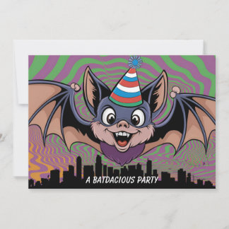 Fledermaus fliegt über psychedelische Stadt Einladung