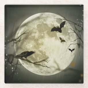 Fledermäuse fliegen Crow sitzt vor Halloween Vollm Glasuntersetzer