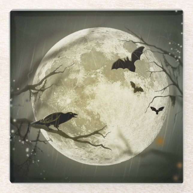 Fledermäuse fliegen Crow sitzt vor Halloween Vollm Glasuntersetzer (Vorderseite)