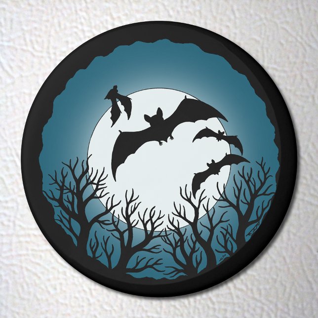 Fledermäuse und Bäume gegen den Mond Magnet (Bats and Trees Against the Moon Magnet on White Fridge)