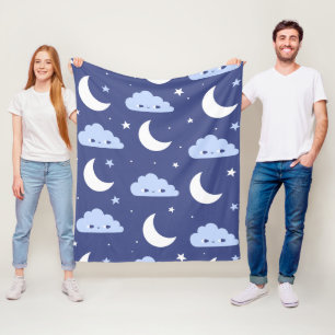 Fleece-Decke Navy Kawaii Mond Sterne Wolken Fleecedecke