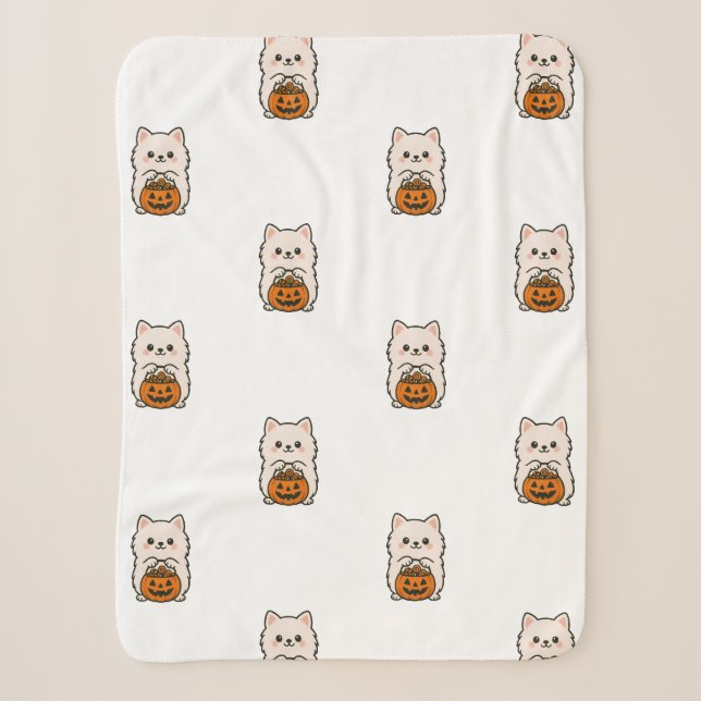 Fleecedeken Halloween – Schattige Pomeranian Sherpadecke (Vorderseite)